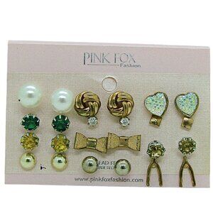 Lot of 12 Mixed Pierced Earring Studs Faux Pearls Wishbone Heart Bow Birthstone